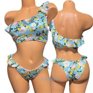 Victoria’s Secret Swim Ruffle One-Shoulder Bikini Top & bottom set Blue Medium
